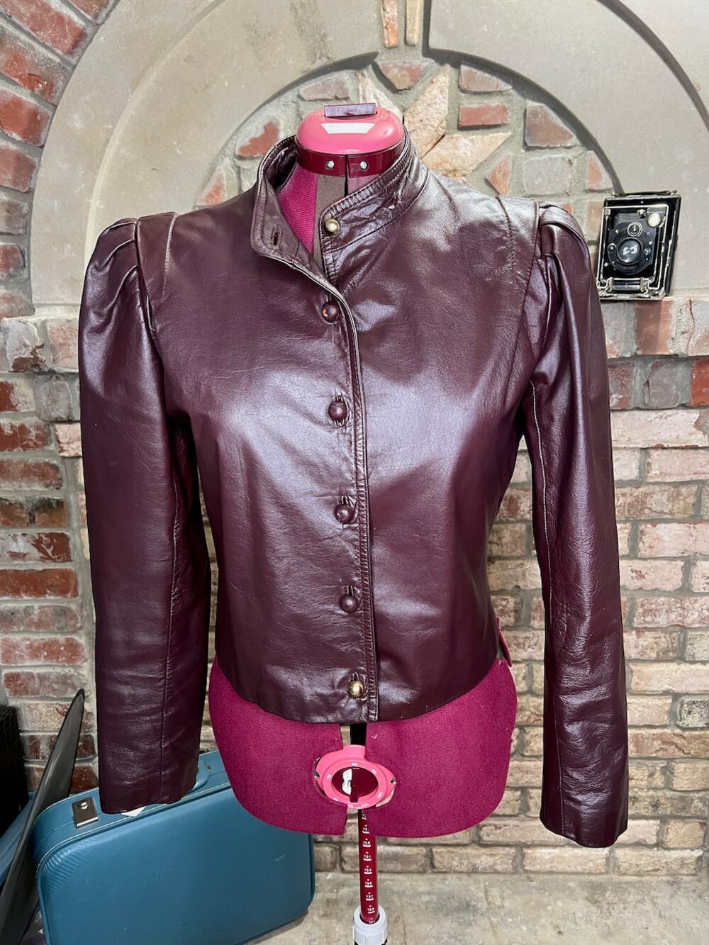 leather Jacket OXBLOOD red burgundy wine cropped puff sleeves